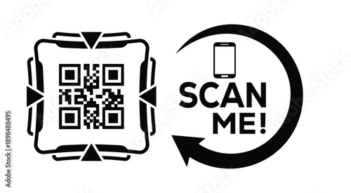 Black and white QR code with bold "SCAN ME" text, smartphone icon, and curved arrow—ideal for mobile interaction, digital marketing, and tech-themed promotional materials.