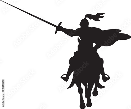 Medieval Warrior on Horseback Silhouette – Knight Cavalry with Sword, Historical Battle Scene Vector Illustration