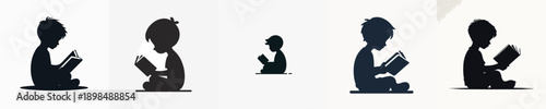 A Silhouette Cute Child Reading a Book Vector Illustration