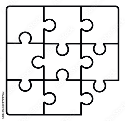 Line art illustration of a nine piece jigsaw puzzle depicting a missing piece for problem solving challenges