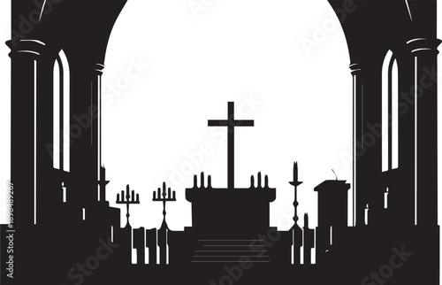 Church interior vector silhouette illustration, altar and cross line art design