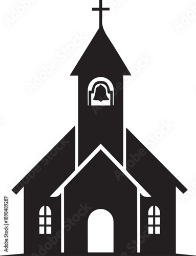 Church vector silhouette illustration, religious building with bell tower and cross line art