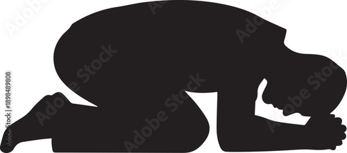 Silhouette of person kneeling in prayer or devotion touching forehead to floor vector illustration