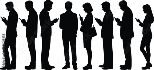 People smartphone silhouette set, mobile phone addiction concept, business crowd using devices, black modern lifestyle illustration