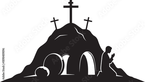 Three crosses vector silhouette illustration on mountain with tombs and praying person