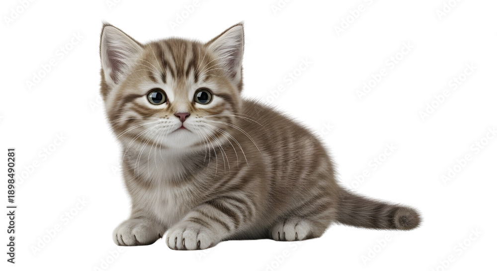 Obraz premium Cute tabby kitten with big eyes lying down, brown striped fur, small domestic cat, isolated on white