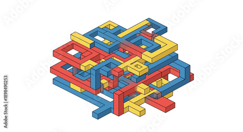 Complex 3D Isometric Maze Structure. Abstract Intertwined Geometric Network of Red, Blue, and Yellow Blocks.