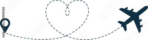 Airplane heart path illustration, flight route forming heart from map pin, travel, romance, shipping, and delivery vector icon