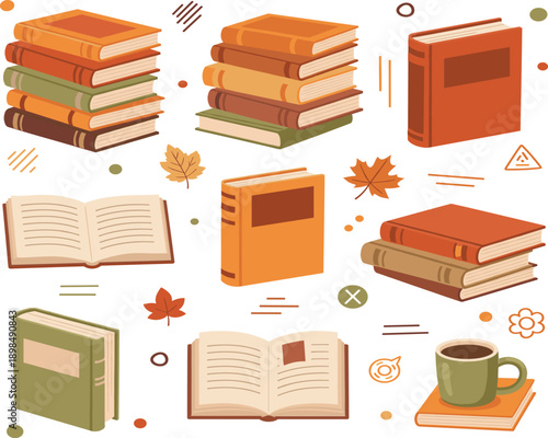 Collection of cozy autumn book stacks featuring open pages coffee cup and falling maple leaves in warm colors,