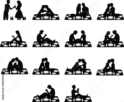 Romantic dinner couple silhouette set, love date dining scenes, relationship moments illustration, black romantic lifestyle icons