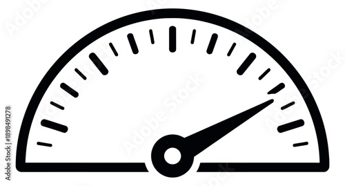 Line art illustration of a speedometer gauge depicting increasing speed or performance for measuring progress and data
