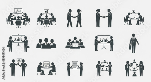 Business Meeting and Handshake Icons Set.