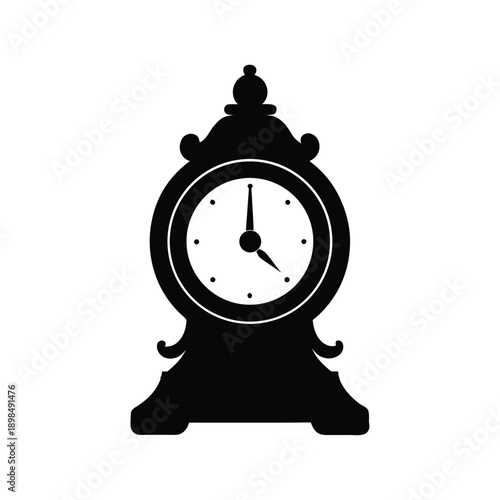 Table clock silhouette, home timekeeping and alarm symbol on white