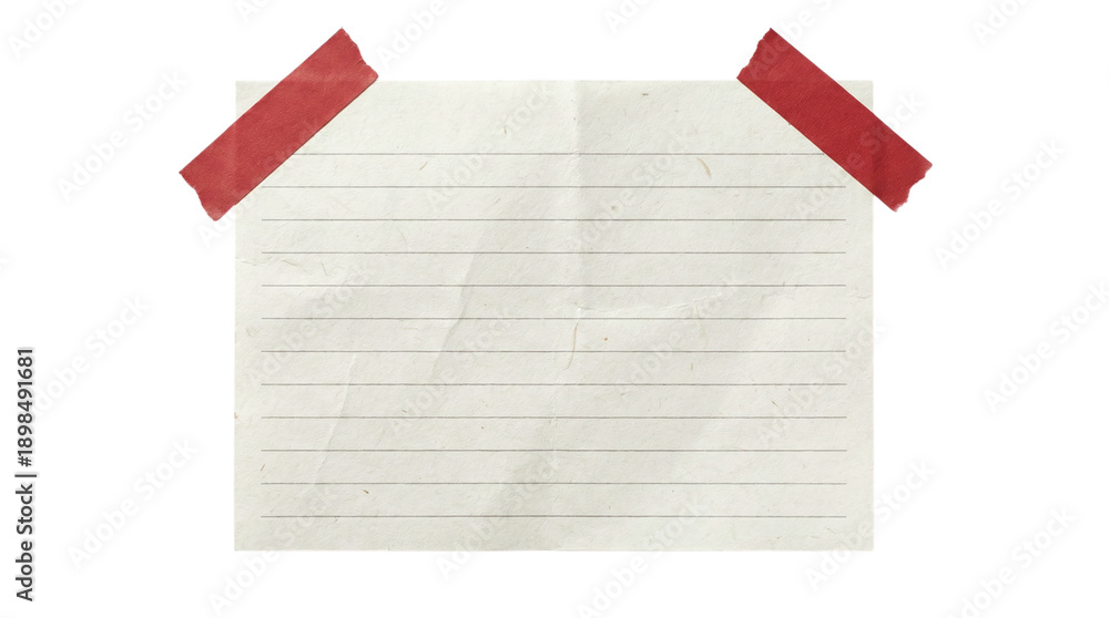 © Vitalo4ok - Blank ruled paper sheet secured with red tape, stationery mockup isolated on transparent background with copy space