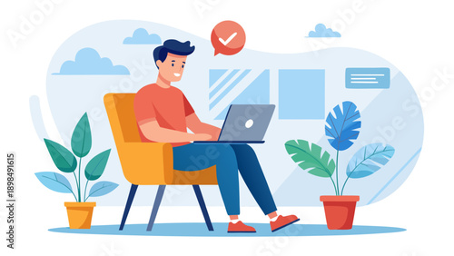 Focused professional working remotely with a cup of coffee and plants around. isolated on white background, Vector