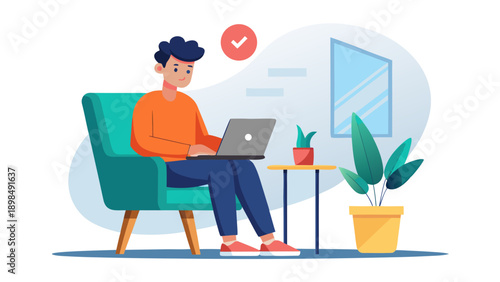 A person working on a laptop with a plant and a cup of coffee nearby. isolated on white background, Vector