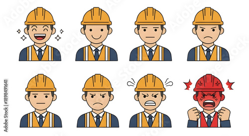 Construction engineer avatar set with various facial expressions cartoon,  The male character wears a yellow hard hat and safety vest and is depicted,  various facial expressions, ranging from happy 
