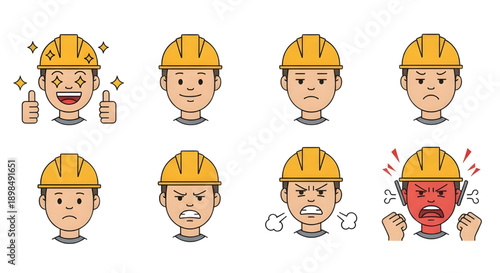 Construction Worker Emoticon Set: Happy, Sad, Angry Cartoon Avatars, Expressions include happy with thumbs up, neutral, sad, angry, furious with steam, and extremely enraged.