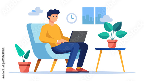 A person working remotely in a cozy home office environment with plants and a laptop. isolated on white background, Vector