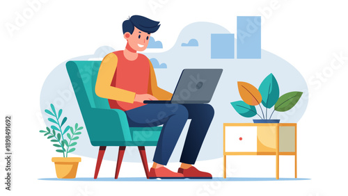 A person working on a laptop in a cozy home office with a city view outside the window. isolated on white background, Vector