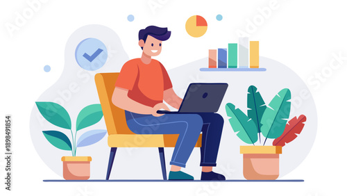 A focused professional working on a laptop surrounded by plants and a clock. isolated on white background, Vector