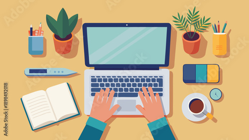 A colorful workspace featuring a laptop surrounded by stationery and plants isolated on white background, Vector