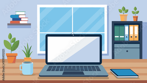 Modern home office workspace featuring a laptop and decorative elements. isolated on white background, Vector