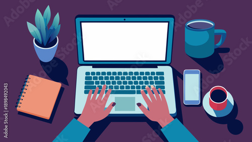 A person working on a laptop surrounded by creative stationery and plants. isolated on white background, Vector