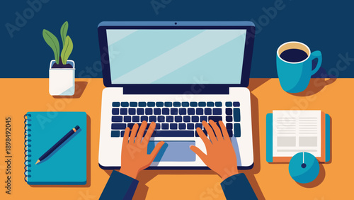 A productive workspace setup with a laptop, notebooks, and stationery items. isolated on white background, Vector