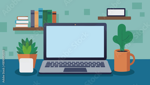 Modern workspace setup featuring a laptop and indoor plants for productivity enhancement isolated on white background, Vector