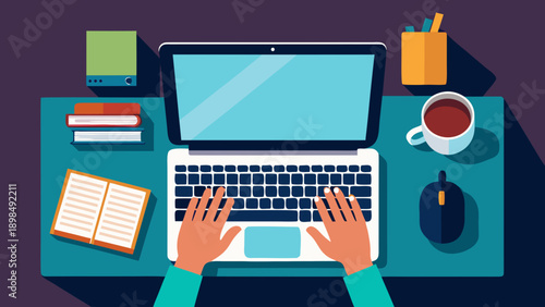 Person working on a laptop surrounded by office supplies and stationery items. isolated on white background, Vector