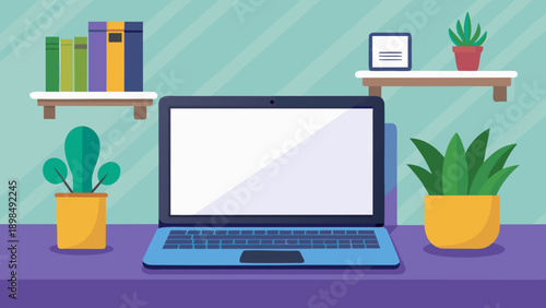 Modern workspace setup featuring a laptop surrounded by books and indoor plants. isolated on white background, Vector