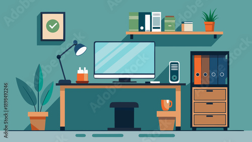 A modern home office workspace featuring a desk with computer and plants isolated on white background, Vector