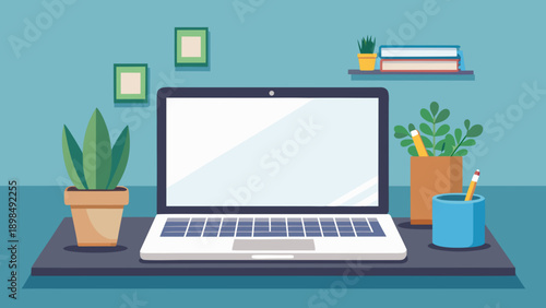 A workspace featuring a laptop surrounded by plants and office supplies on a desk. isolated on white background, Vector