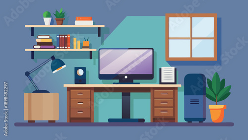 Modern home office setup with desk, computer, and organized bookshelf space isolated on white background, Vector