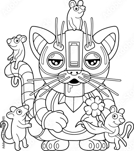 Cute little robot cat, coloring page for kids