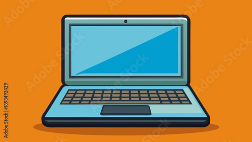 Cartoon depiction of an open laptop with a colorful screen displaying a diagonal gradient isolated on white background, Vector
