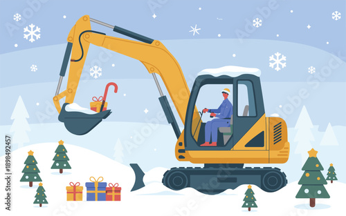 Excavator operator delivers Christmas gifts in snowy landscape