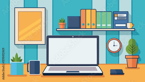 A colorful and organized workspace featuring a laptop and various stationery items. isolated on white background, Vector