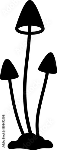 Three black silhouette mushrooms growing from ground. Hallucinogenic psychotropic fungi concept. Minimalistic vector icon, symbol for sticker