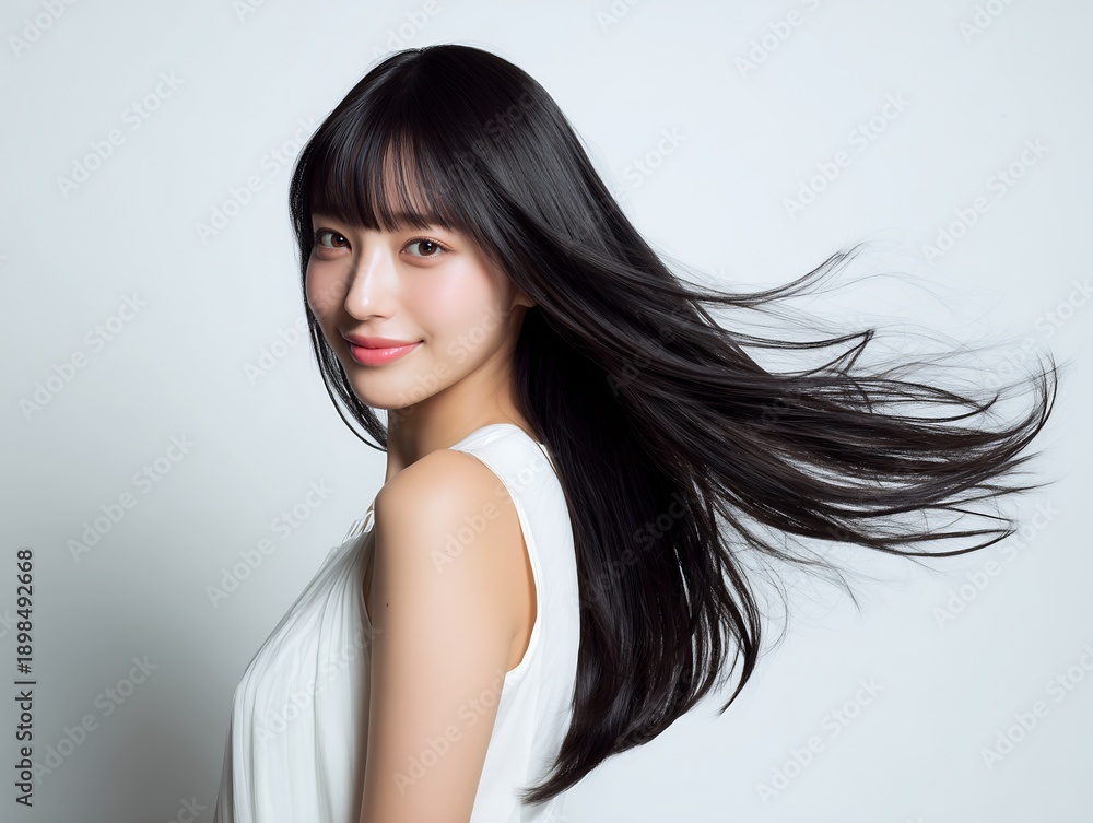 Fototapeta premium 風になびく黒髪ロングヘアと白いワンピースが映える清潔感と上品さあふれる女性のスタジオポートレート