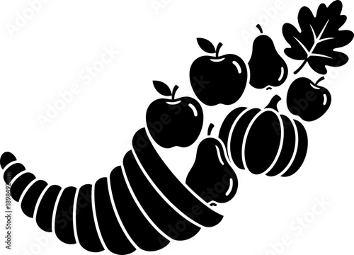 Harvest cornucopia full of autumn fruits and vegetables. Fall abundance and Thanksgiving concept. Vintage vector illustration for greeting card, banner