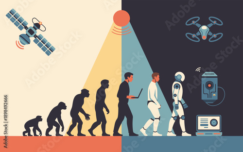 Human evolution from ape to robot with technology monkey