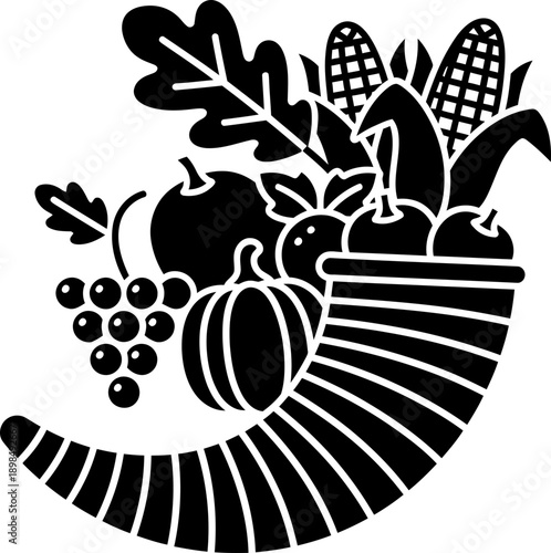 Horn of plenty with harvest fruit and vegetable. Abundance cornucopia symbol. Flat vector illustration for Thanksgiving Day