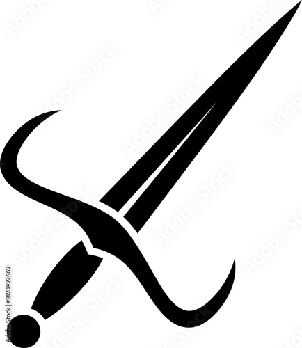 Black sword icon, dagger symbol, medieval weapon, simple warrior blade, knight arm, flat graphic element vector illustration