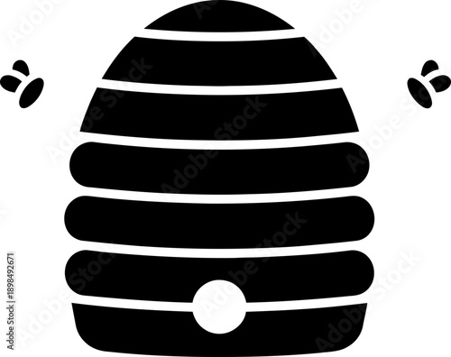 Beehive icon with flying bees. Beekeeping and nature concept. Simple black silhouette vector illustration for web design, app, logo
