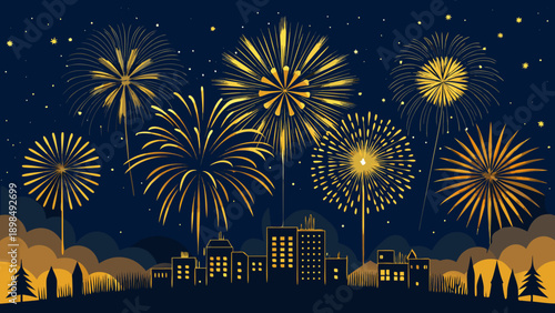 Celebratory fireworks illuminating a serene nighttime cityscape by the waterfront isolated on white background, Vector