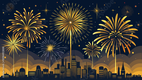 Fireworks illuminating a festive night sky over palm trees in a cityscape celebration isolated on white background, Vector