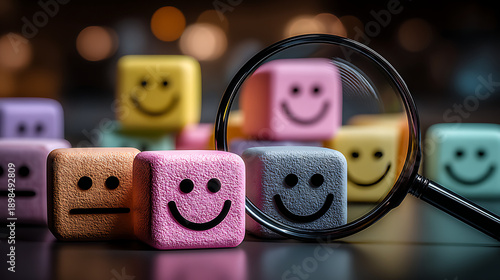 Customer Feedback Cubes with Smiley Faces Under Magnifying Glass - Concept for Service Quality and Satisfaction