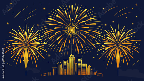 Celebratory fireworks bursting brightly over a city skyline at night isolated on white background, Vector